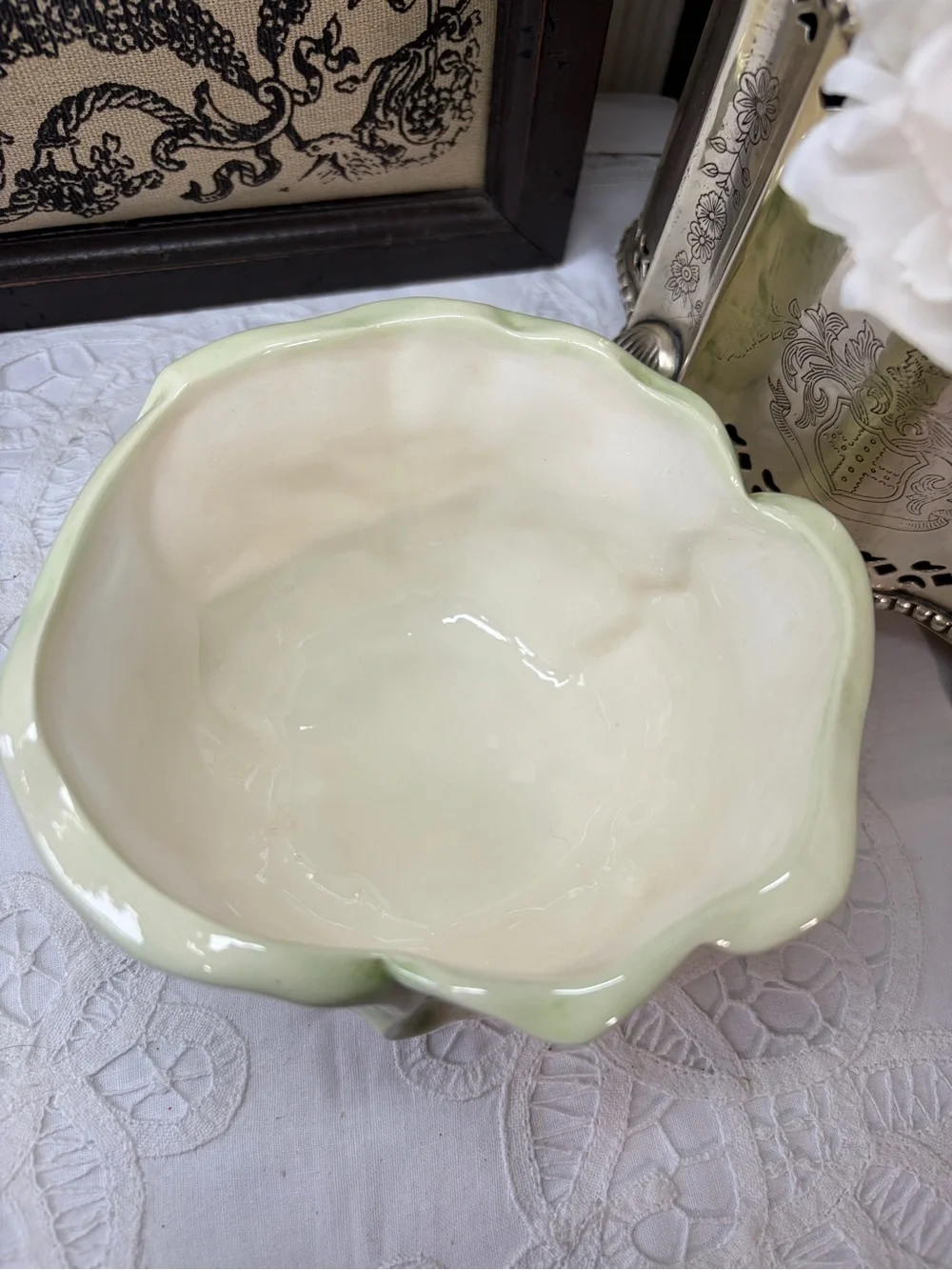 Green ceramic cabbage leaf bowl